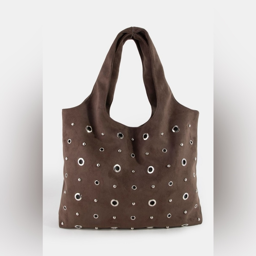 Fame Large Grommeted Suede Shoulder Bag